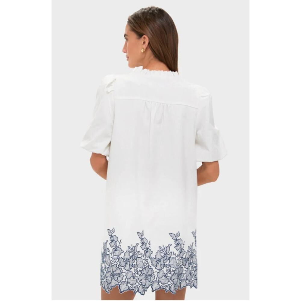 Tuckernuck Hyacinth House Mini Dress Large Embroidered White Navy Puff Sleeves - Picture 3 of 14